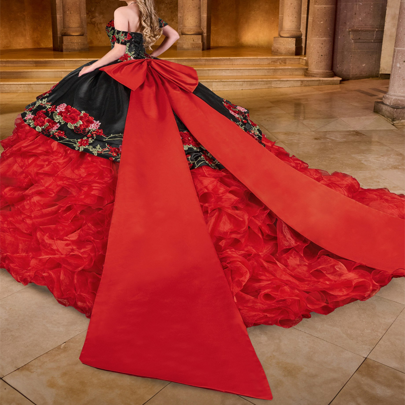 Red Mexican Princess Quinceanera Dresses Off Shoulder Embroidery Floral Applique Tull Tiered Corset vestido 15 anos quinceanera Sweet 16