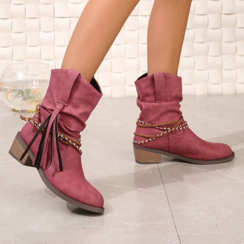 Cowgirl Retro Flat Heel Women Western Vintage Patchwork Tassel Braided Short Boots Casual Brand New Washed Shoes 50a6