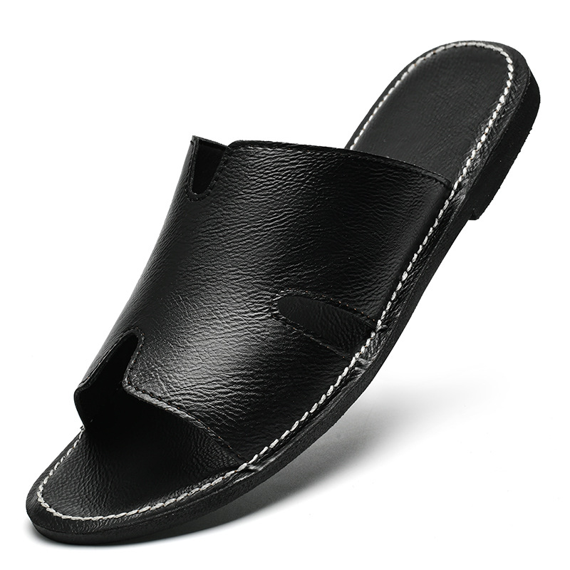 2024 New Designer Men Genuine Leather Slipper Summer Fashion Slides Simple Sandals Comfortable Cool Beach Shoes