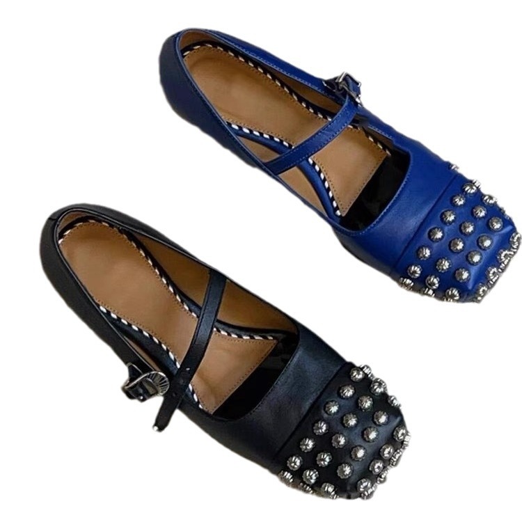 2025 new 6365a Rivet New Flat Autumn Bottom Tie Women's Square Head Shallow Mouth Outdoor Walking Single Shoes Hollow Female Sandals