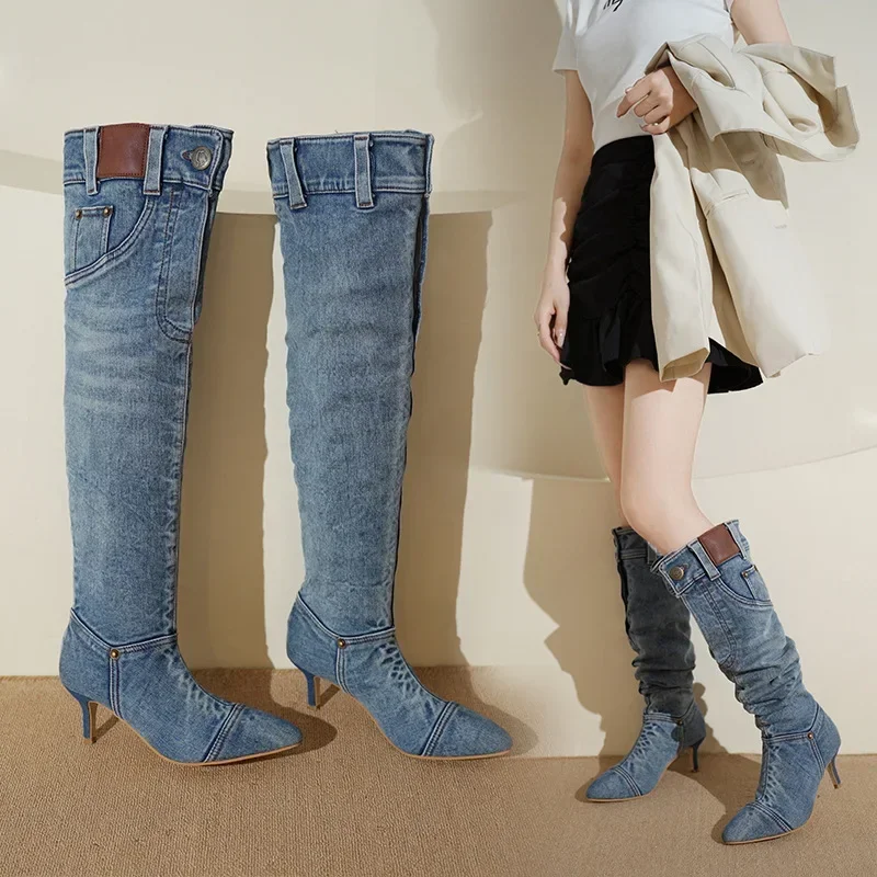 Pointed Toe Knight Women Retro Brown PU Leather Knee High Boots Woman Autumn Winter Western Cowboy Long Botas Mujer