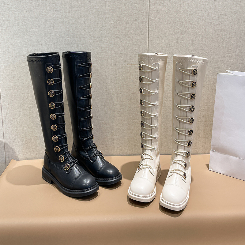 2025 Winter Stovepipe Long Boots Woman Knee High Motorcycle Shoes Lady Medal Button Stretch Tied Patchwork Leath 7f4e