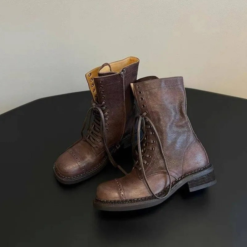 Women's Ankle Boots Lace-up Girl Cowboy Motorcycle Trend New Rock Punk Fashion Low Heel Designer Shoes Round Toe Leather Boots