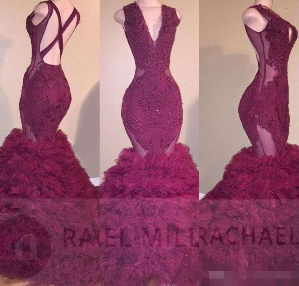 Skirt Sexy Tiered Mermaid Evening Dresses Illusion Bodice Deep V Neck Lace Applique Sequins Formal Ocn Wear Prom Party Gown