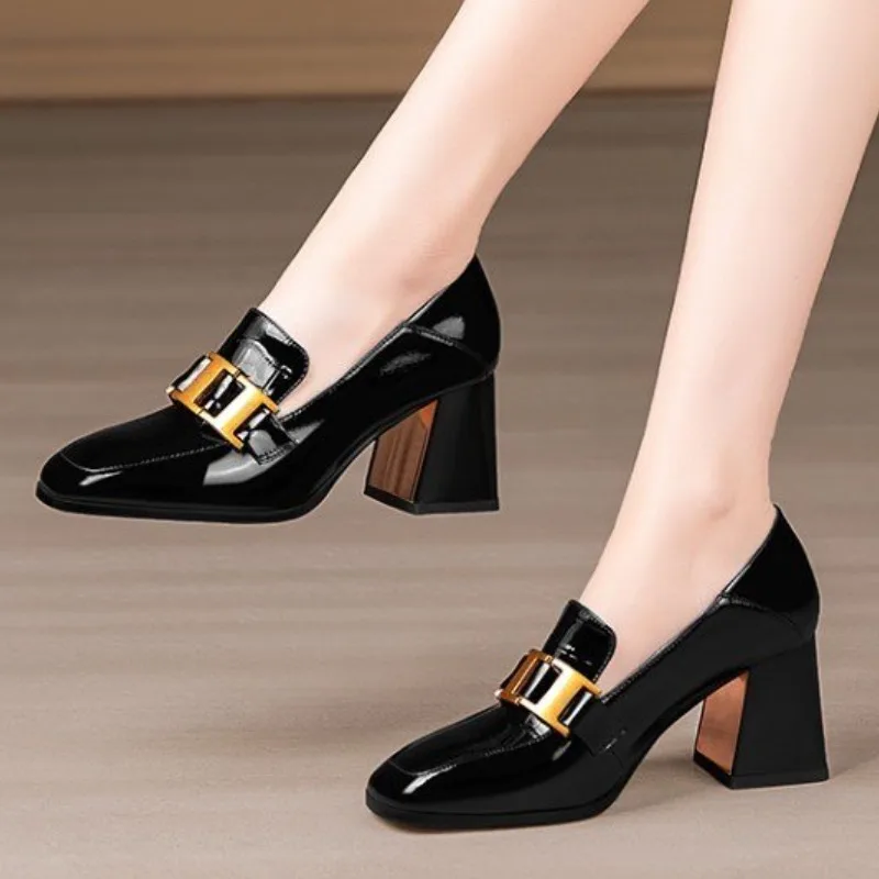 2025 new Pearl Women Pumps Black Patent Leather High Heels Fashion Square Toe Block Heel Thin Office Lady Slip-on Work Shoes 332e