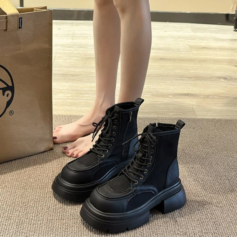 Heel Shoes Flat Boots Women New 2024 Round Toe Lace Up Rock Med Lolita Ladies Ankle Summer Basic Canvas Cross-tied PVC Lace-Up S 7fe6 -