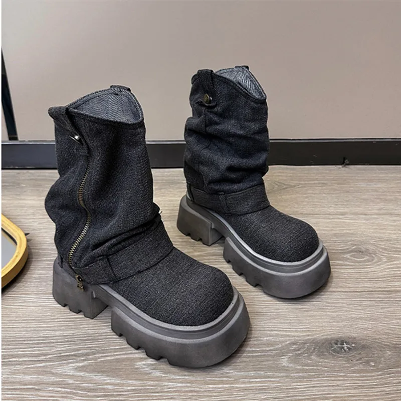 New Denim Breathable Ankle Boots Women 2024 Autumn Chunky Heel Non-slip Platform Boots for Women Fashion Zip Design Biker Boots