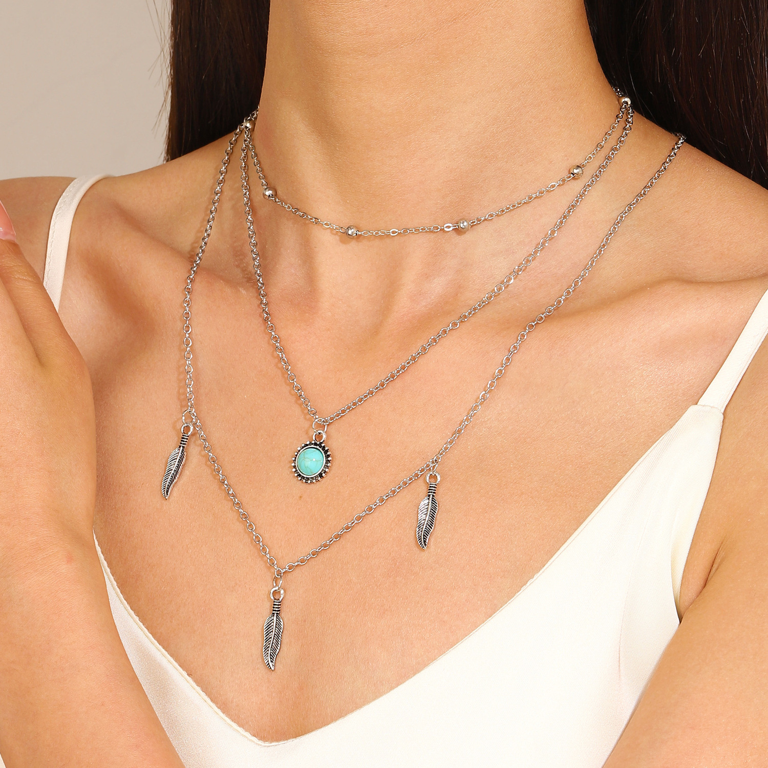 Bohemian Style Multi-Layer Turquoise Necklace with Vintage Sunflower Pendant