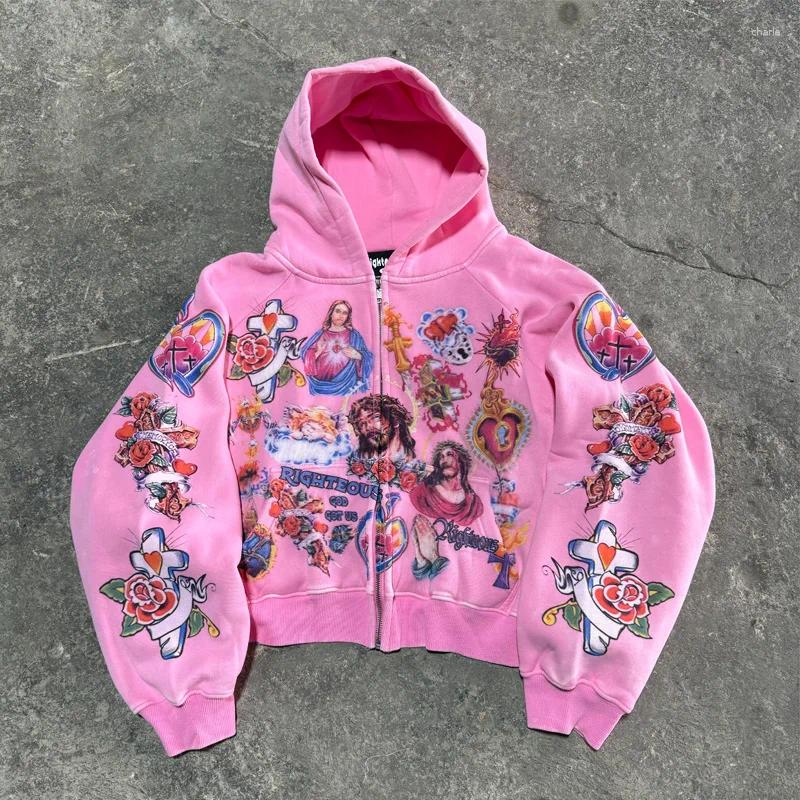 Mens Hoodies Autumn Harajuku Washed Zipper Hoodie Oversize Gothic Retro Printed Graphical Pattern Clothing Polyester Loose Sweatshirt