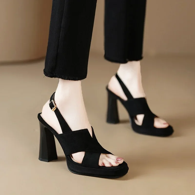 Women Heels Sandals Square Toe Thick Heeled Pumps Elegant Back Strap Black Leather Shoes 39 40 Sizes Outside 7924