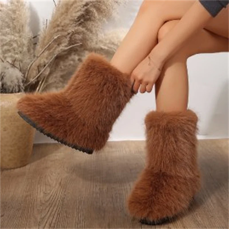 Winter Snow Women's Outdoor Furry Faux Fox Fur Boots Woman Plush Warm Platform Shoes New Fashion Bottes Big Size a5f2