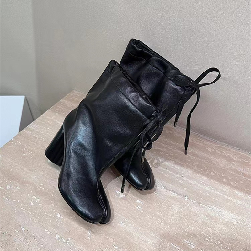 Ins style Fashion Split Toe Tabi Women Ankle Boots Autumn Winter Real Leather Thick High heels Booties Casual Chunky Shoes