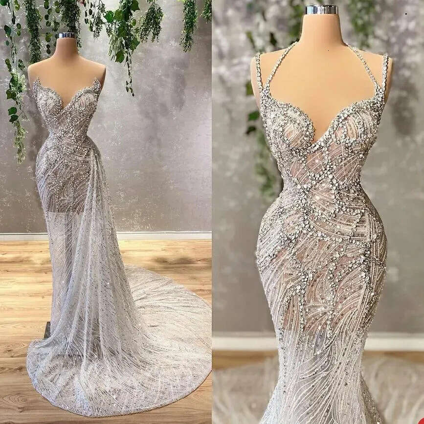 Elegant Sier Prom Dresses For Black Girls Beads Crystal V Neck Graduation Dress Birthday Party Mermaid Gowns Nigeria Vestidos De Gala 6660306