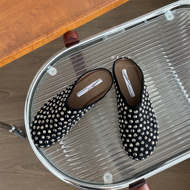 Women Summer Punk Metal Rivet Charms Black PU Mules Outdoor Platform Modern Slippers Casual Shoes For Female 7f1