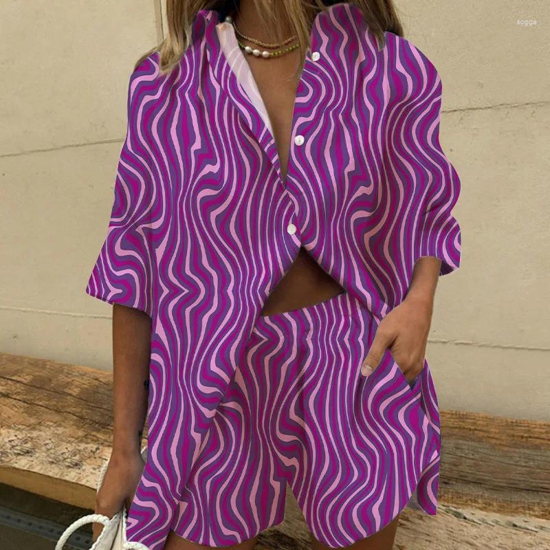 Womens Tracksuits 2024 Summer Camisa Informal Bohemia Para Vacaciones En La Playa Conjuntos De 2 Piezas Mujer Traje Holgado Con Estampado