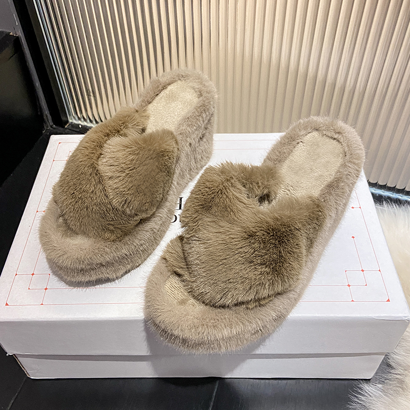 Autumn and Winter New Fashion Platform Slippers for Women Round Head Open Toe Fur Thickened Warm Wedge Cotton Sandals