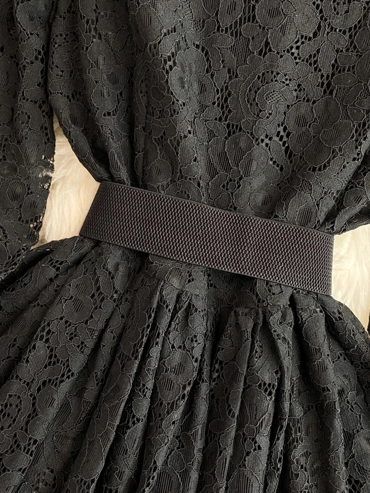 FTLZZ Autumn and Winter Elegant Womens Collar Fluffy Sleeve Button Dress Office Womens Midi Dress Lace Mesh Black Dress 240904