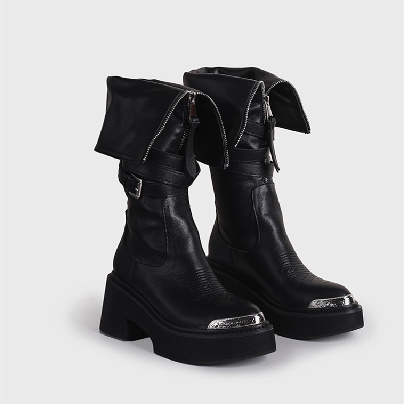 2025 new Boots Knee Woman High Platform Elegant Low Heel Trend Punk Gothic New Rock Leather Fashion Women's Shoes