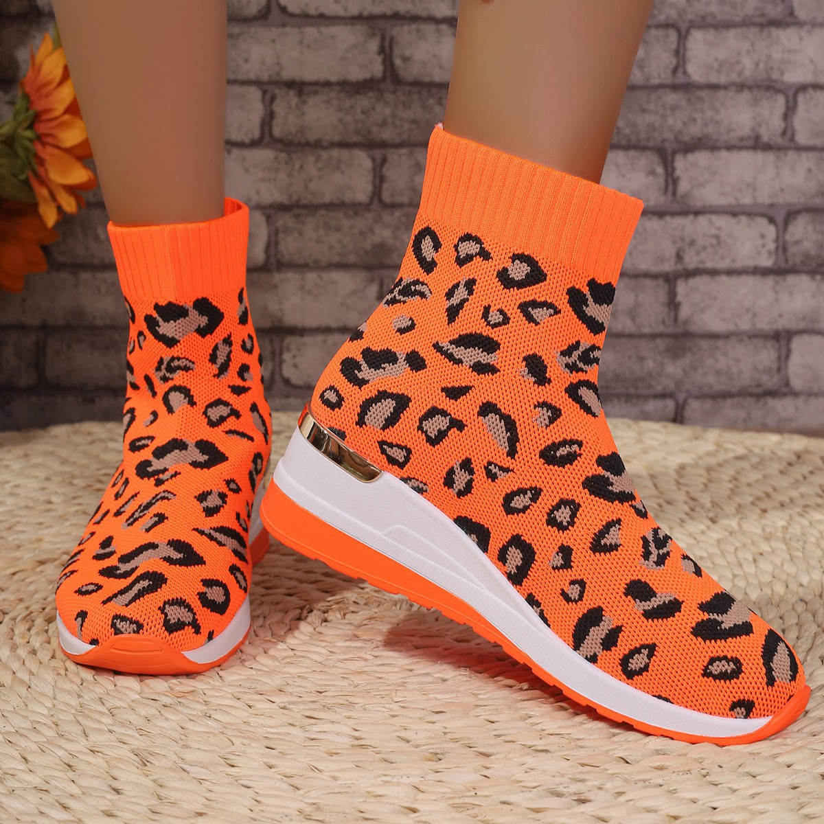 Random Print Ankle Sock 2024 New Winter Women Boots Wedges Shoes Casual Fashion Sexy Chaussures Femme 14aa