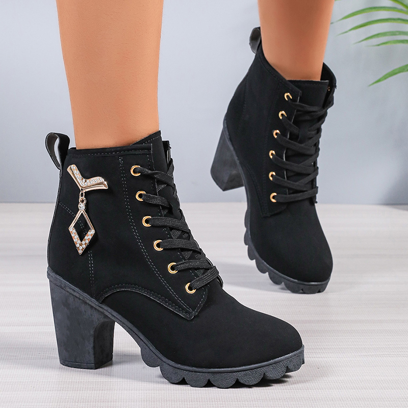 Women's Chunky Heeled Ankle Boots Metal Decoration High Heels Booties Woman 2024 Autumn Lace Up Platform Short Boots Plus Size