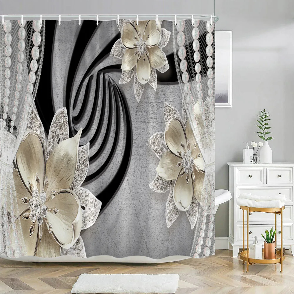 Elegant and stylish dreamy pearl and diamond Bouquet 3D style shower curtains with bathroom carpet set home bathroom decoration 240903bj