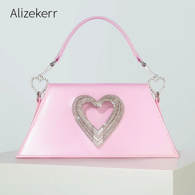 3 Rhie Heart Shaped Satin Handbags Women Fashion Boutique Chic Bg Crystal Trapezoid Evening Clutch Purses Wedding Party 240903 4