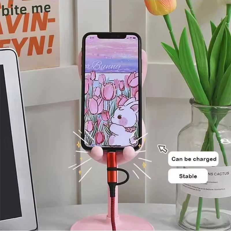 Pink phone holder desktop phone holder iPhone 13 14 Samsung smartphone adjustable cute rabbit cartoon table support CL240905