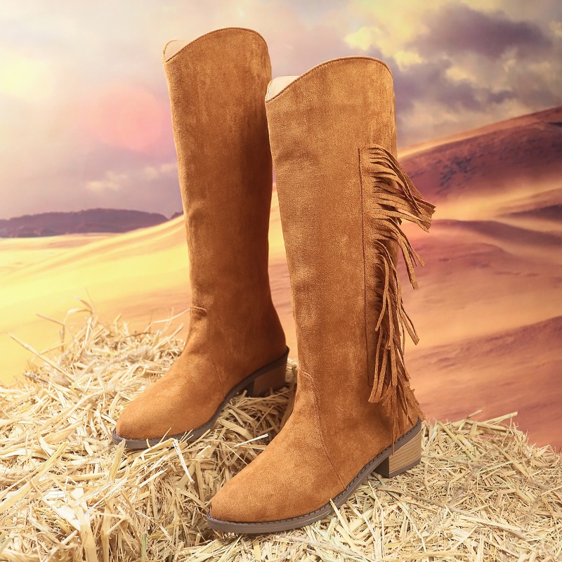 Western Cowboy Boots for Women Pointed Toe Shoes Brand Suede Leather Tassels Shoes Knee-High Chunky Heel Comfy Walking Boot