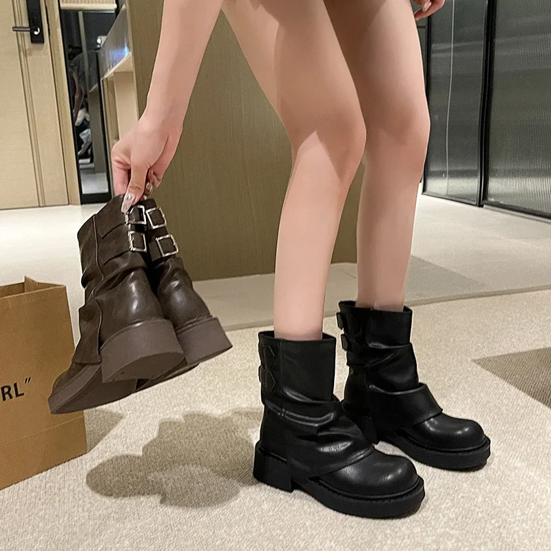 Platform Mid Calf Women Chelsea Boots Chunky Mid Heels Designer Shoes 2024 Fad New Motorcycle Boots Goth Walking Ladies