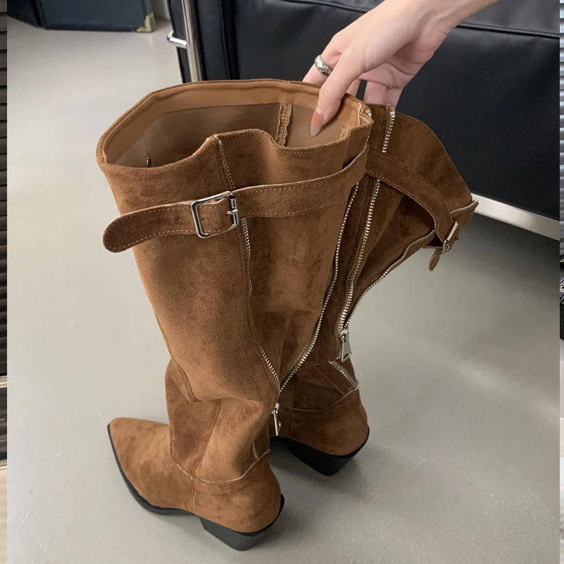2024 Winter Belt Buckle Pointed Toe Women Knee-High Boots Fashion Vintage Square Low Heels Ladies Shoes