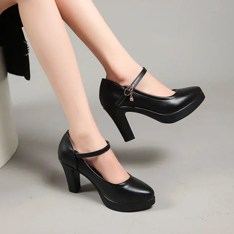 Strap Ankle Thick Heels Pumps for Women Pu Leather Office High Heeled Woman's Elegant Platform New Mary Jane Shoes Casual d904 Platm