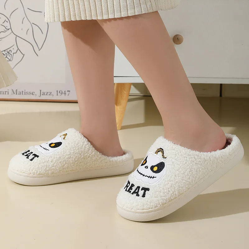 New Halloween Cute Cartoon Pumpkin Warm Furry Cotton Slippers Fashion Soft Sole Couples Home Indoor Cotton Shoes