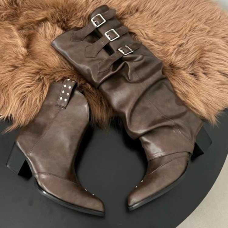 Western Cowboy Martin Boots For Women With Belt Buckles Pleated Pile Fashion Boots High Pointed Knight Boots Slim And Long Boots 240826