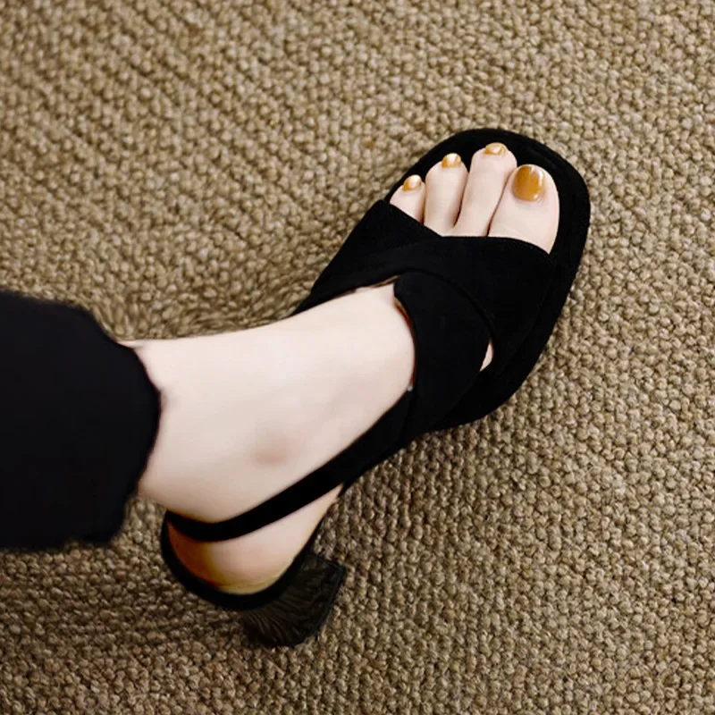Women Heels Sandals Square Toe Thick Heeled Pumps Elegant Back Strap Black Leather Shoes 39 40 Sizes Outside 7924