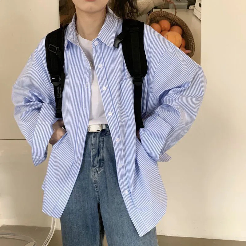 Blue striped long sleeved womens spring and autumn style loose button lapel top casual simple matching shirt 240814