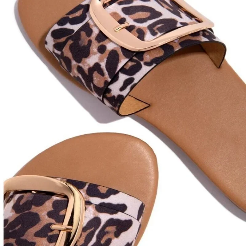 New Fashion One-word Buckle Slippers Women's Leopard Print Square Root Flat Slippers Luxury Sandals Women Designers