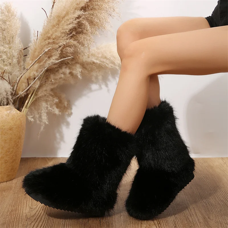 Winter Snow Women's Outdoor Furry Faux Fox Fur Boots Woman Plush Warm Platform Shoes New Fashion Bottes Big Size a5f2