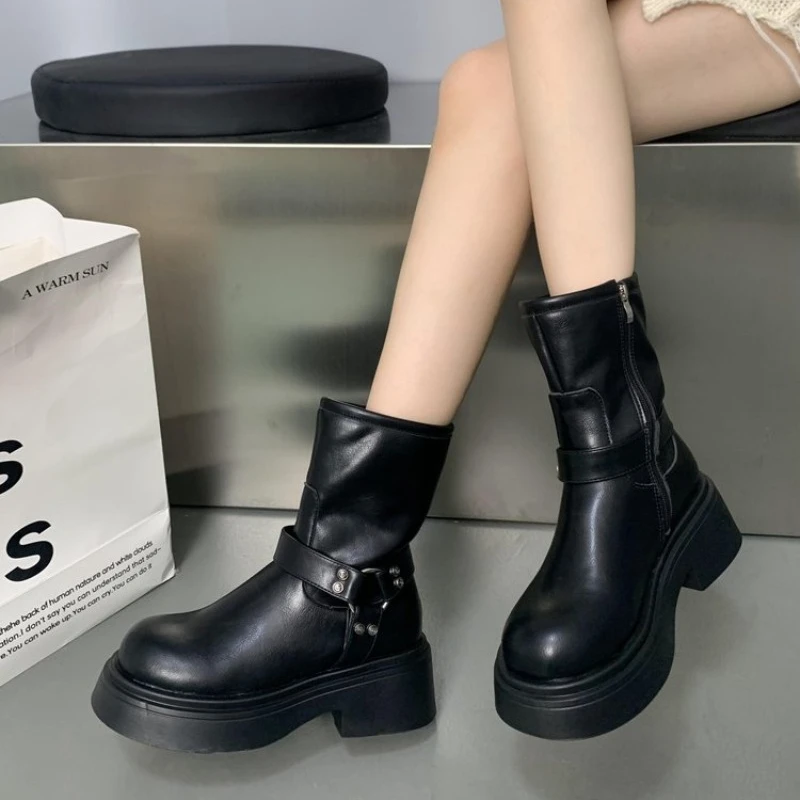 Rubber Women's Boots Shoes Boots-Women Winter Footwear Zipper Round Toe Rain Lolita Ladies 2024 Autumn Rock Med Cowboy Rome Ankl d5ac -Women