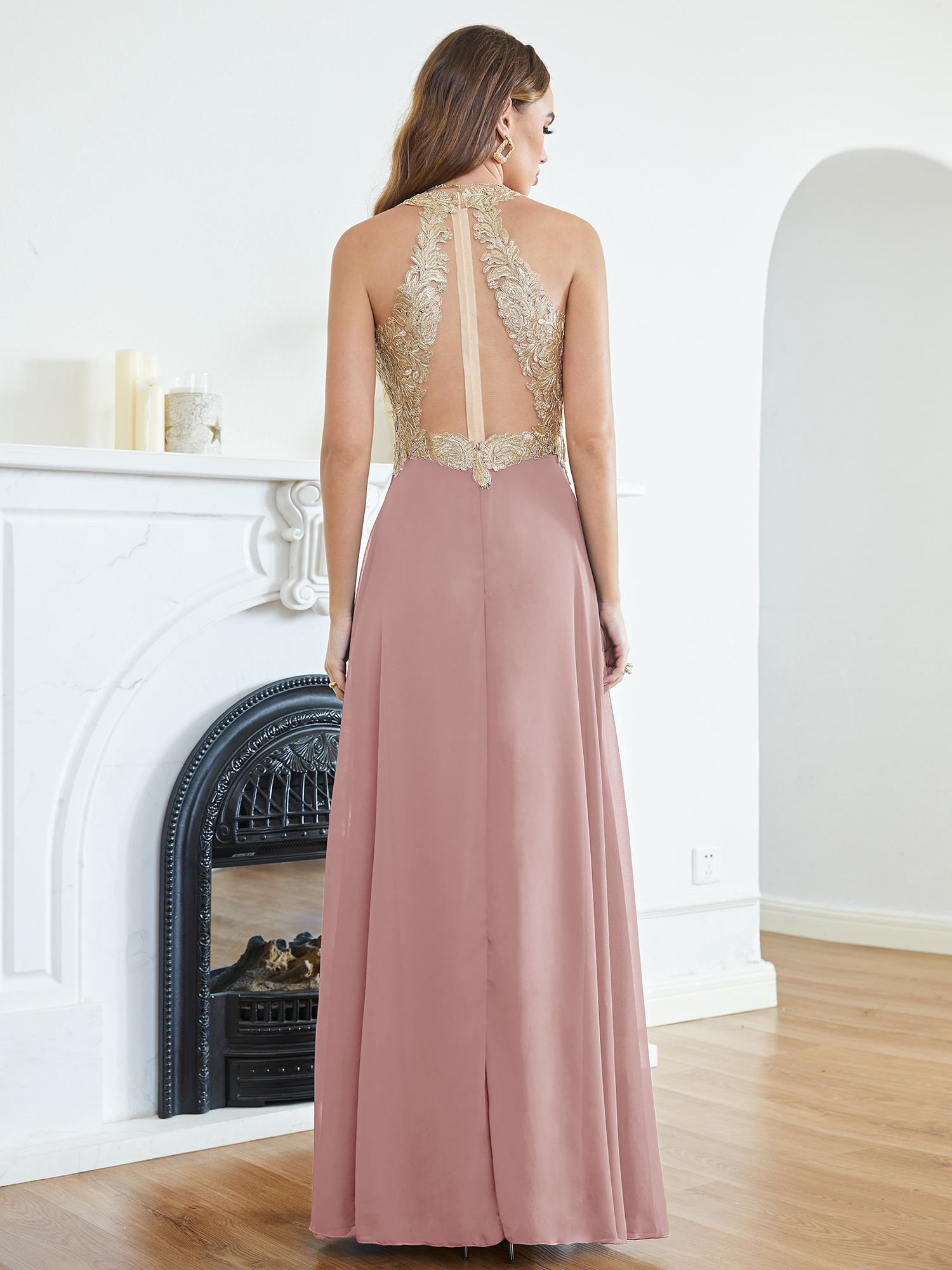 Elegant A E Chiffon Evening Dresses Gold Appliques Top V Neck Sheer Zipper Back Long Prom Party Gowns CPS1452