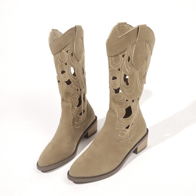 Women's 2024 Summer Retro Round Toe Chunky Heels Vegan Suede Western with Hollow Design and Rivets Cowboy Boots Shoes 7894