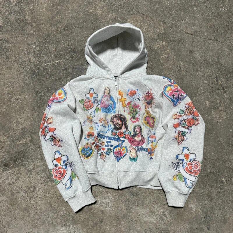 Mens Hoodies Autumn Harajuku Washed Zipper Hoodie Oversize Gothic Retro Printed Graphical Pattern Clothing Polyester Loose Sweatshirt