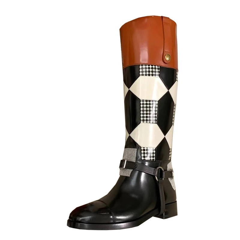 High Toe Knee Women Autumn Winter Heels Knight Boots Woman Solid Thick Plaid color matching Leather Shoes Female d5eb