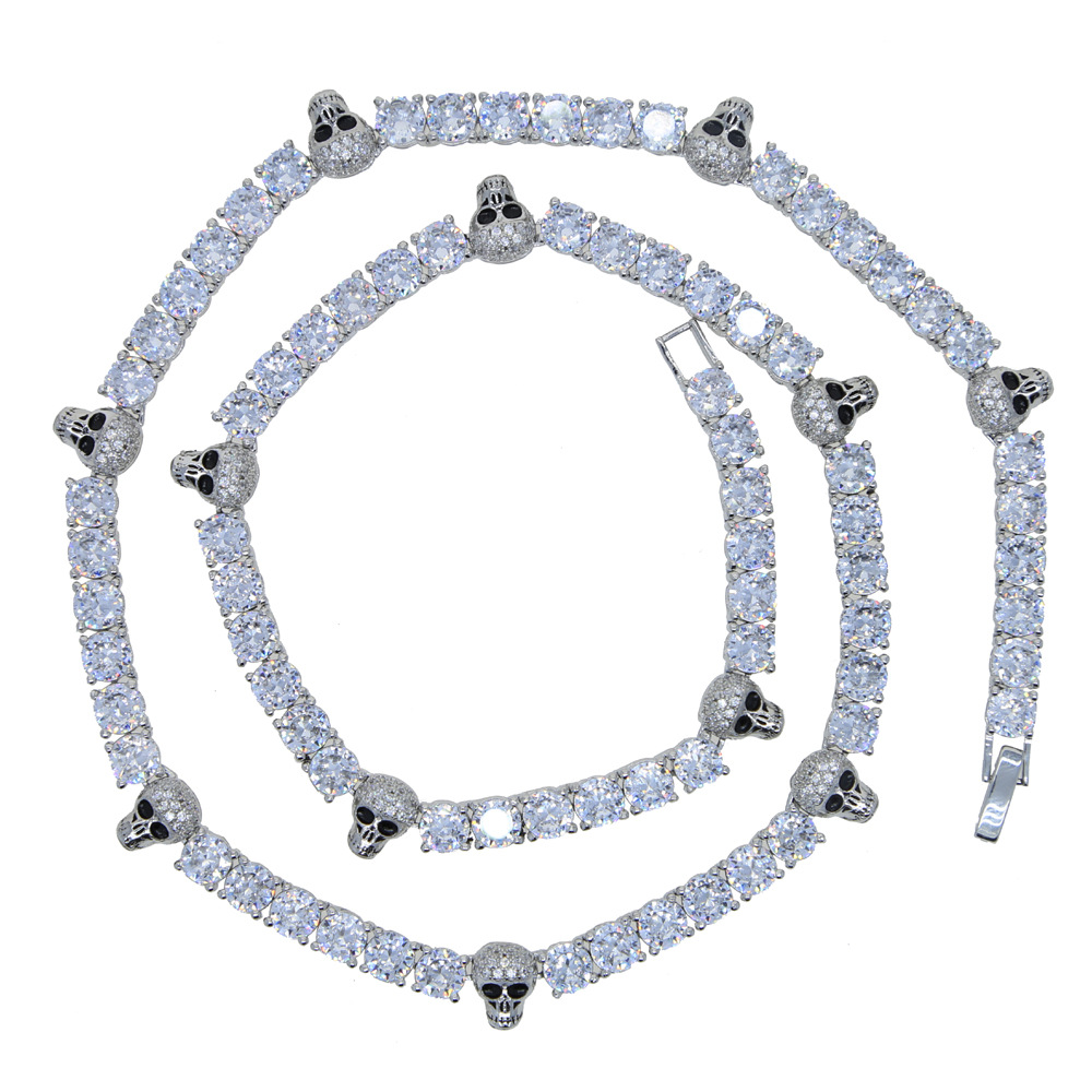New Fashion 5mm Moissanite dias Tennis Chain with Cool Skull Pendant Long Necklace for Men Women Boy Hip Hop Jewelry Gift