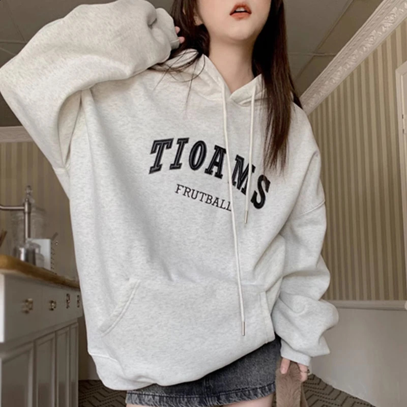 Womens hooded jacket with autumn and winter letter printing pockets loose casual fashionable long sleeved unisex mens 240814