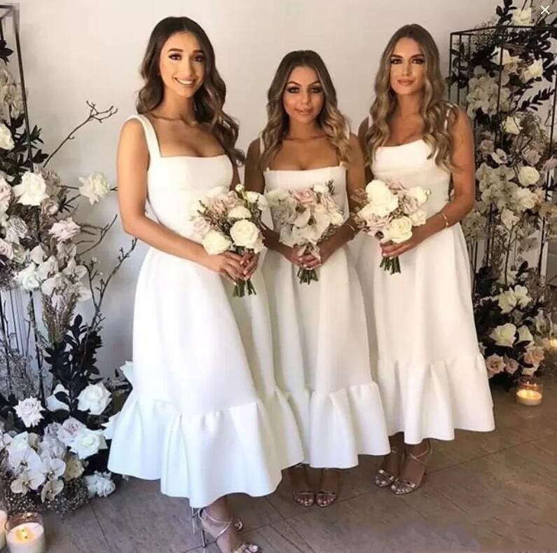 Chiffon White Bridesmaid Dresses A Line Straps Tea Length Custom Made Cheap Maid Of Honor Gown Beach Wedding Guest Party Wear