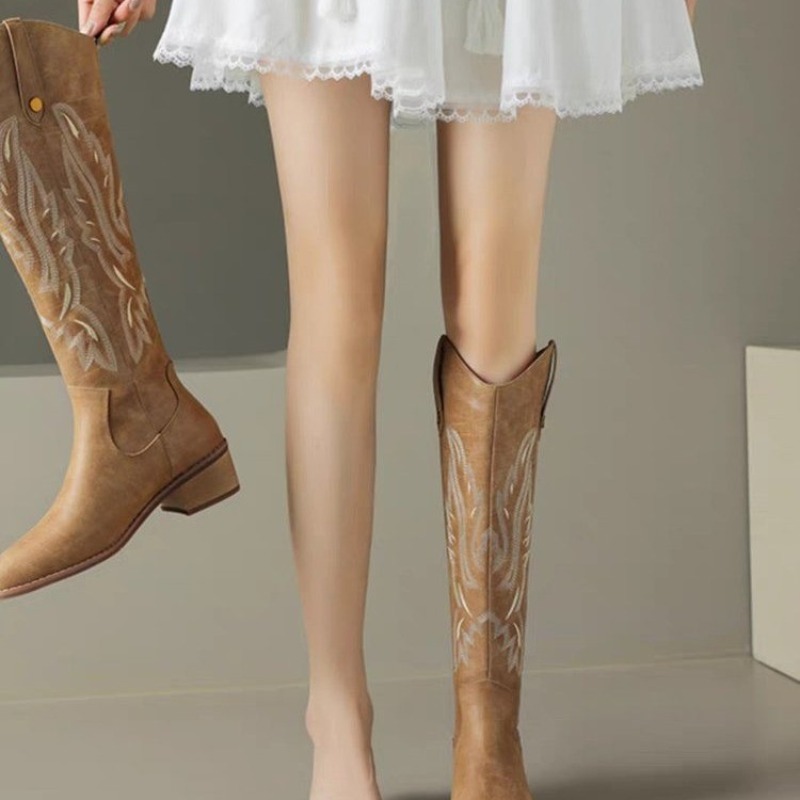 Embroidered Retro Knee High Women Western Cowboy New Slip-on Long Botas Mujer Size 43 Platform Boots 94fb