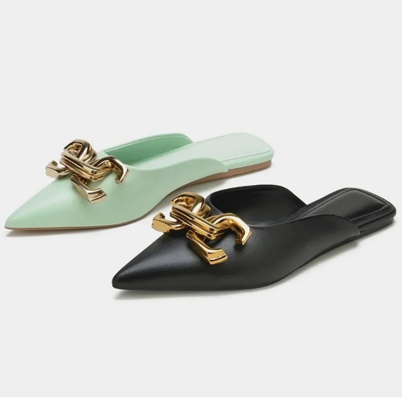 Summer Mules Women slippers Shoes Fashion Metal Chain Flats Pointed Toe Women's Slippers Ladies Casual Shoes Outside Slides