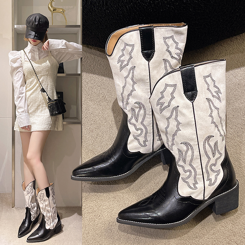 Retro New Printed Booties Leather Women Ankle Embroidery High Heels Casual Woman Shoe Vintage Female Footwear Boots 4cd2