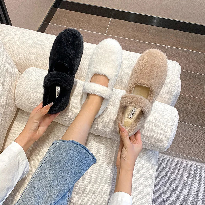 Rabbit Fur Mary janes shoes woman round toe ankle strap furry loafers 34-43 big size warm plush winter shoes female cotton flats 240903