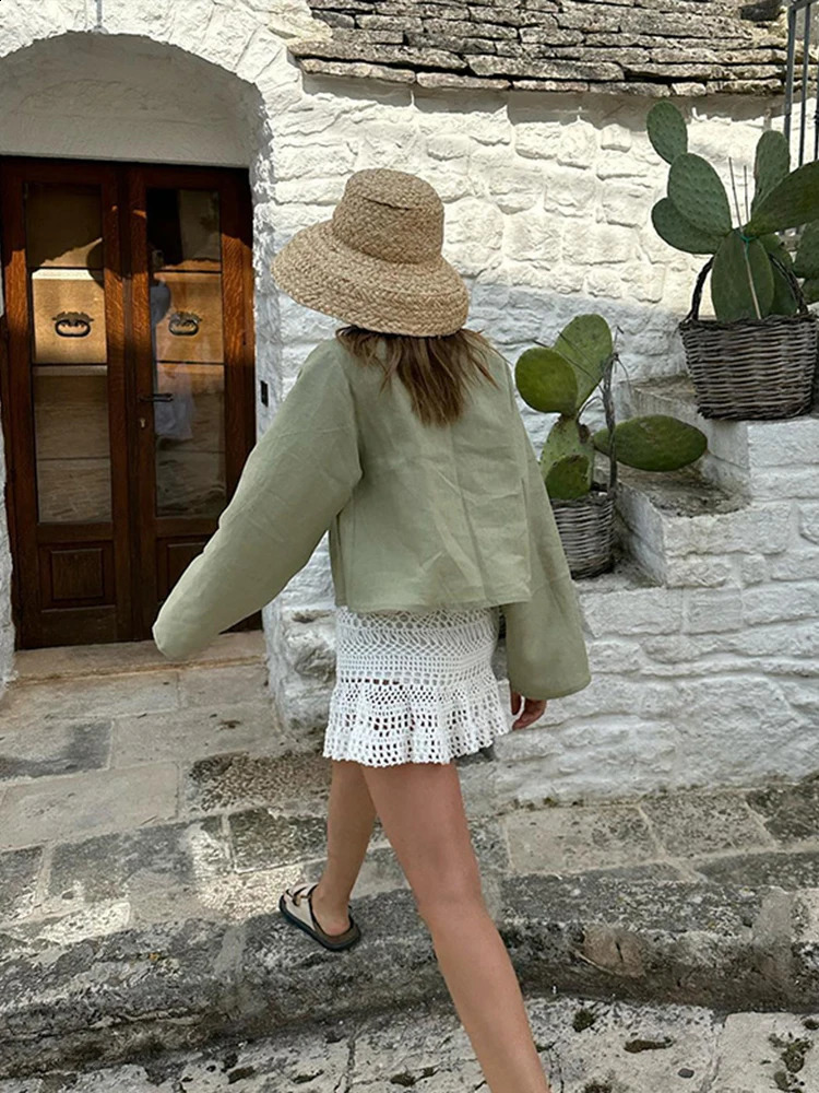 Lace cotton linen bow womens casual dress deep Vneck hollow spring and summer loose long sleeved top 240814